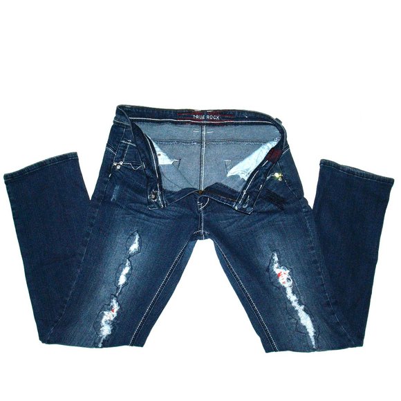 TRUE ROCK Mid-Rise Blue Jeans Size 17/18 Embellished Distressed Patched (34X30) - Picture 7 of 14